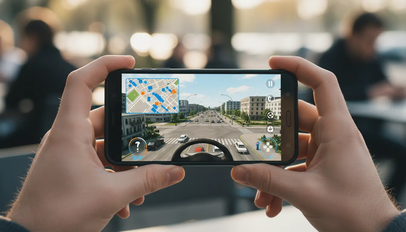 Android phone running a 3D driving simulator with city map visible