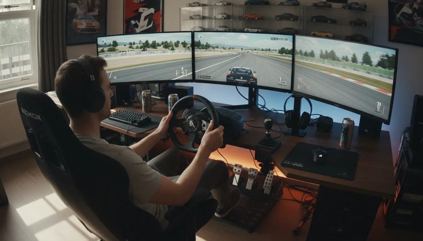PC gaming desk running a car simulator with keyboard, gamepad, and steering wheel control options