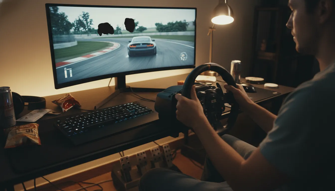 Desktop gaming setup running a car simulator with keyboard and steering wheel controls