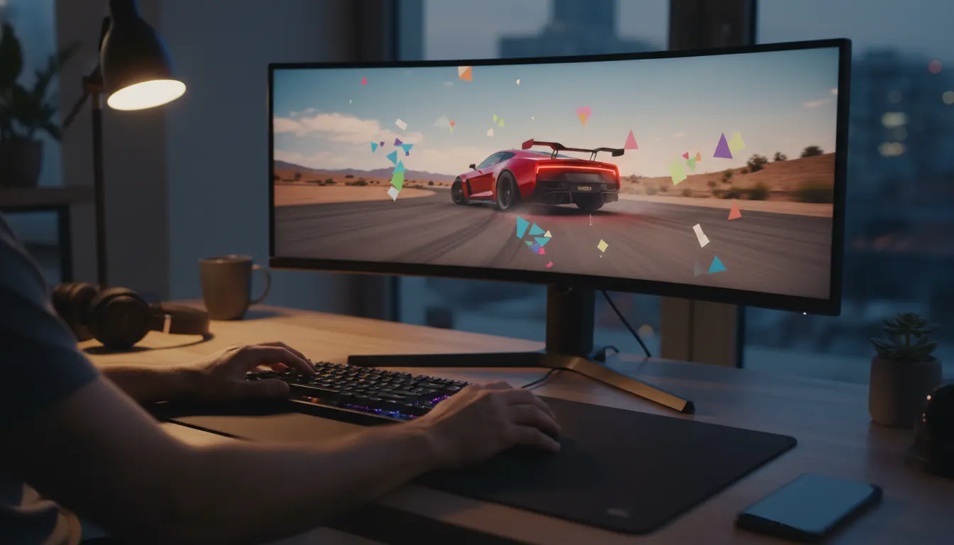 PC desk with keyboard, mouse, and monitor running an Android emulator with a car game