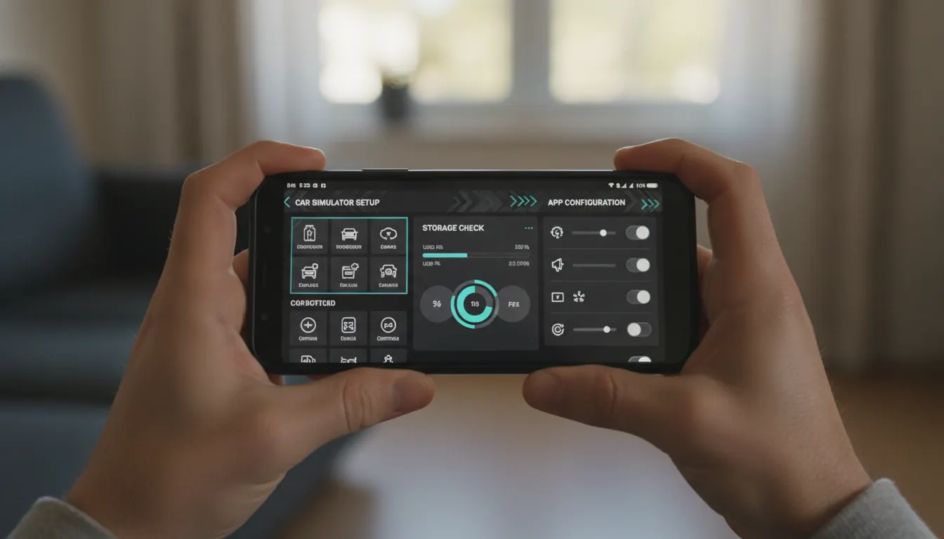 Android phone showing car simulator setup options, storage checks, and app configuration screen