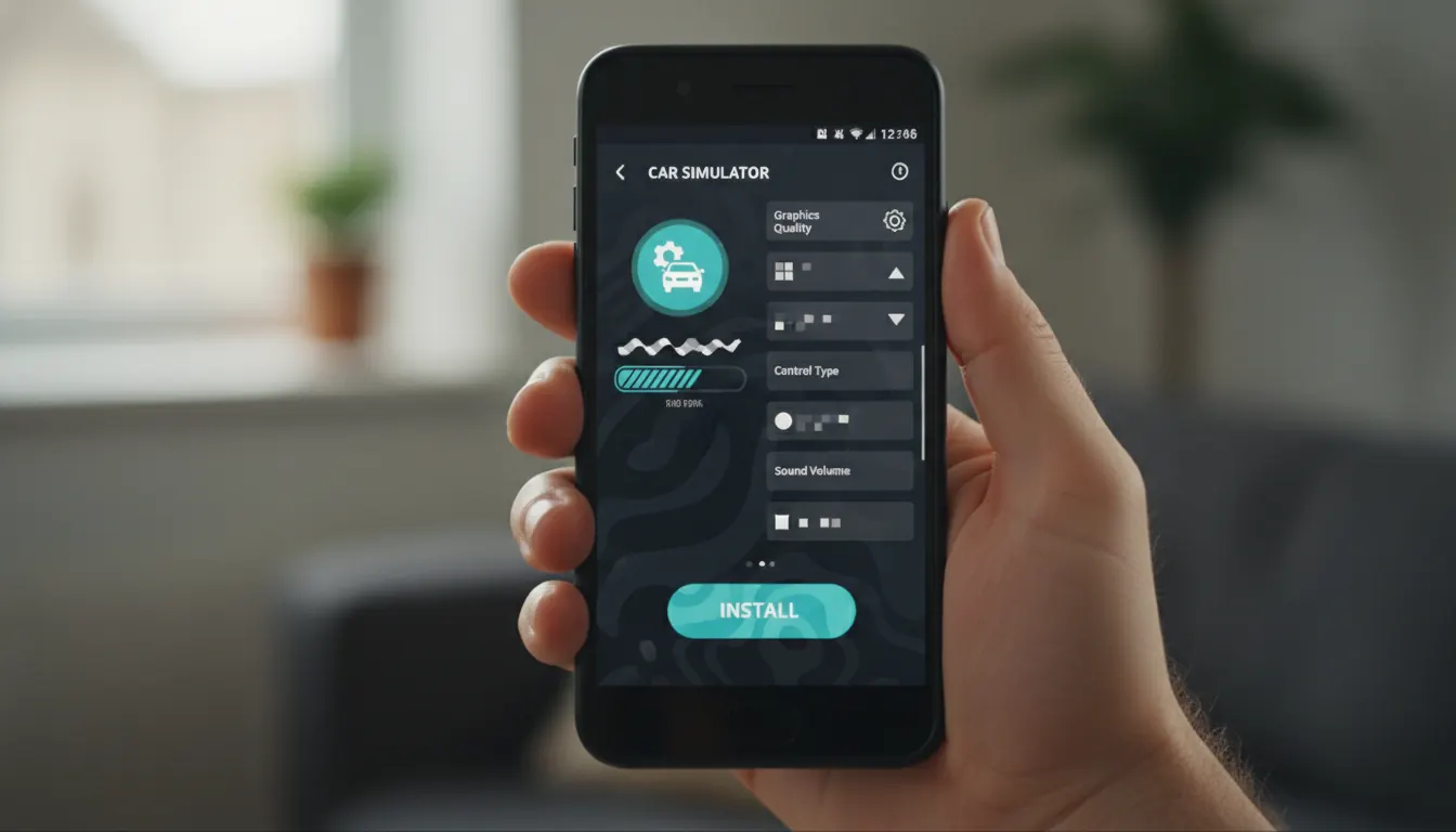 Android phone showing a car simulator installation screen and game settings