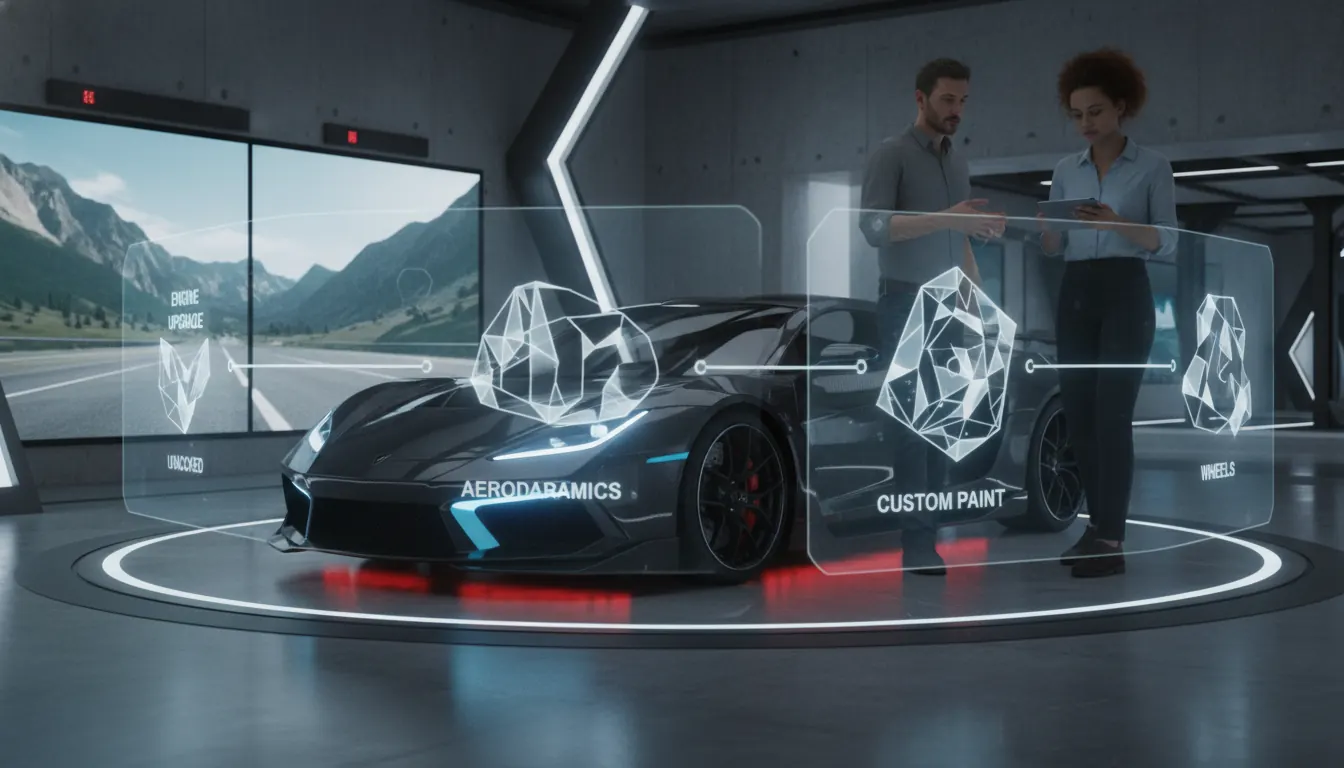 Customized sports car in Car Simulator 2 style garage with unlocked upgrade options