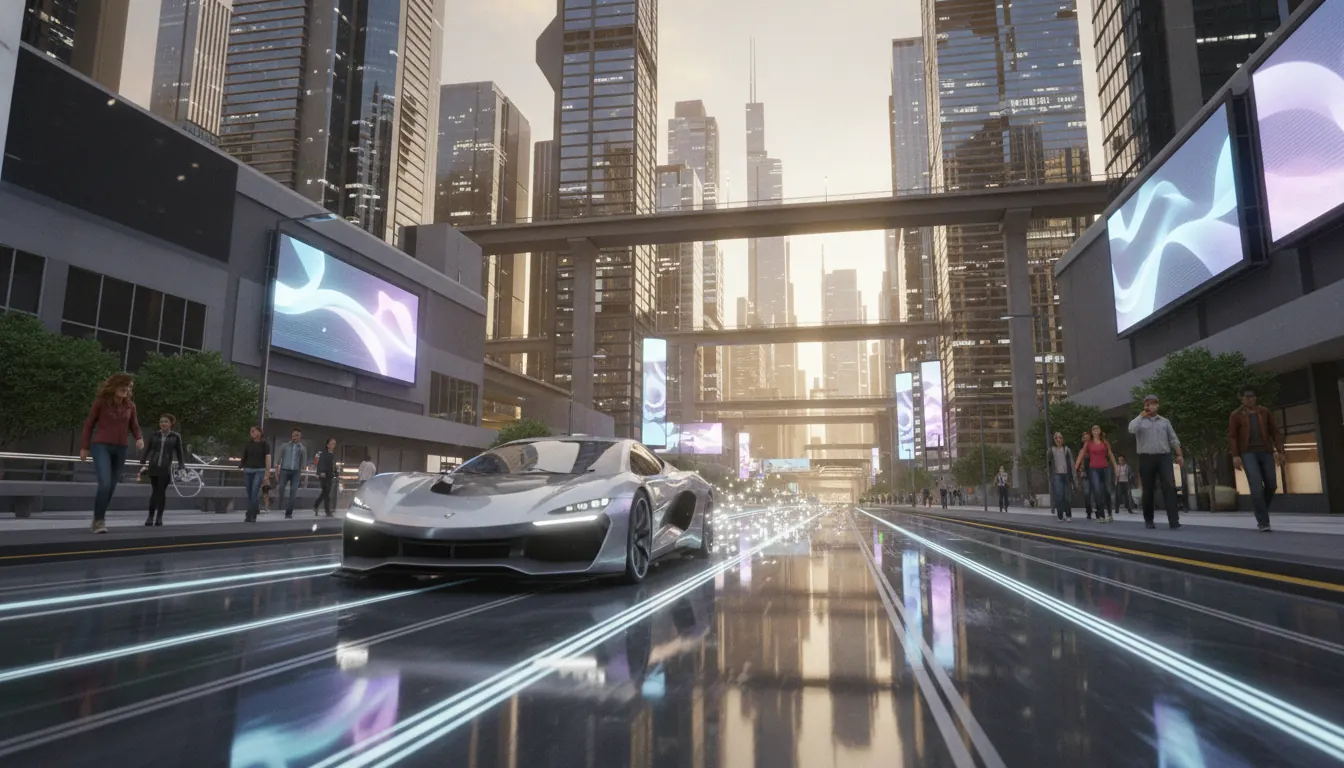 Sports car driving through a modern open world city in a simulator game