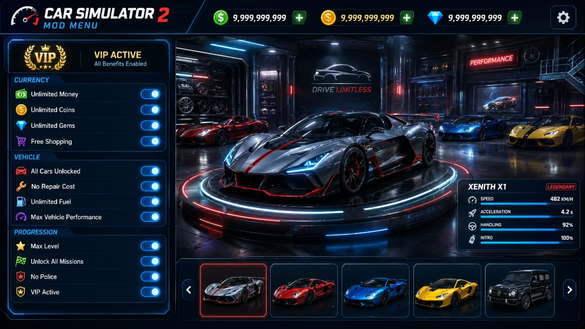 Car Simulator 2 mod menu panel showing VIP unlocked toggles and a garage of cars