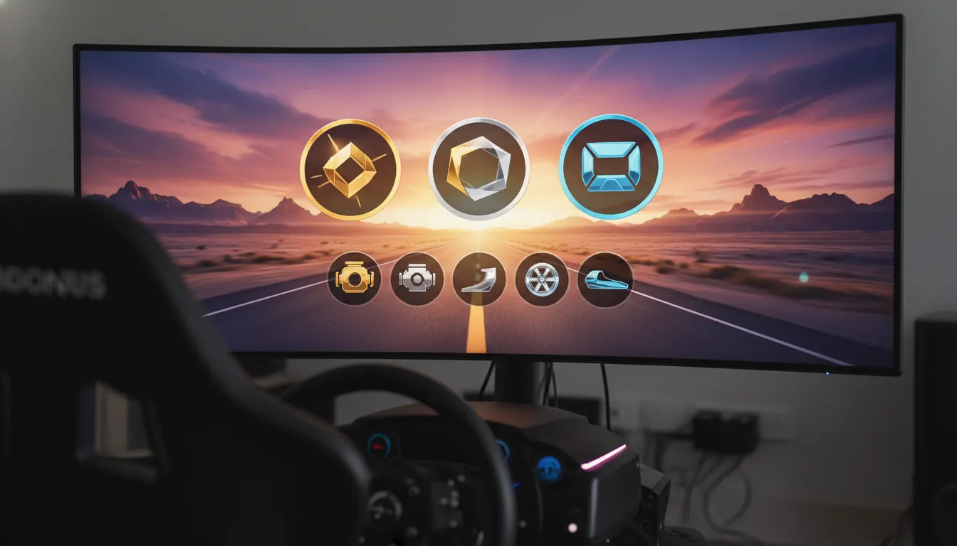 Driving simulator reward screen showing bonus icons, vehicle upgrades, and an open road background