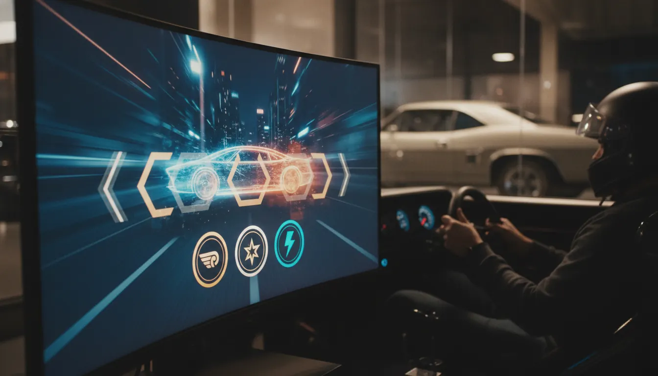 Driving simulator reward screen with bonus icons and a car in the background