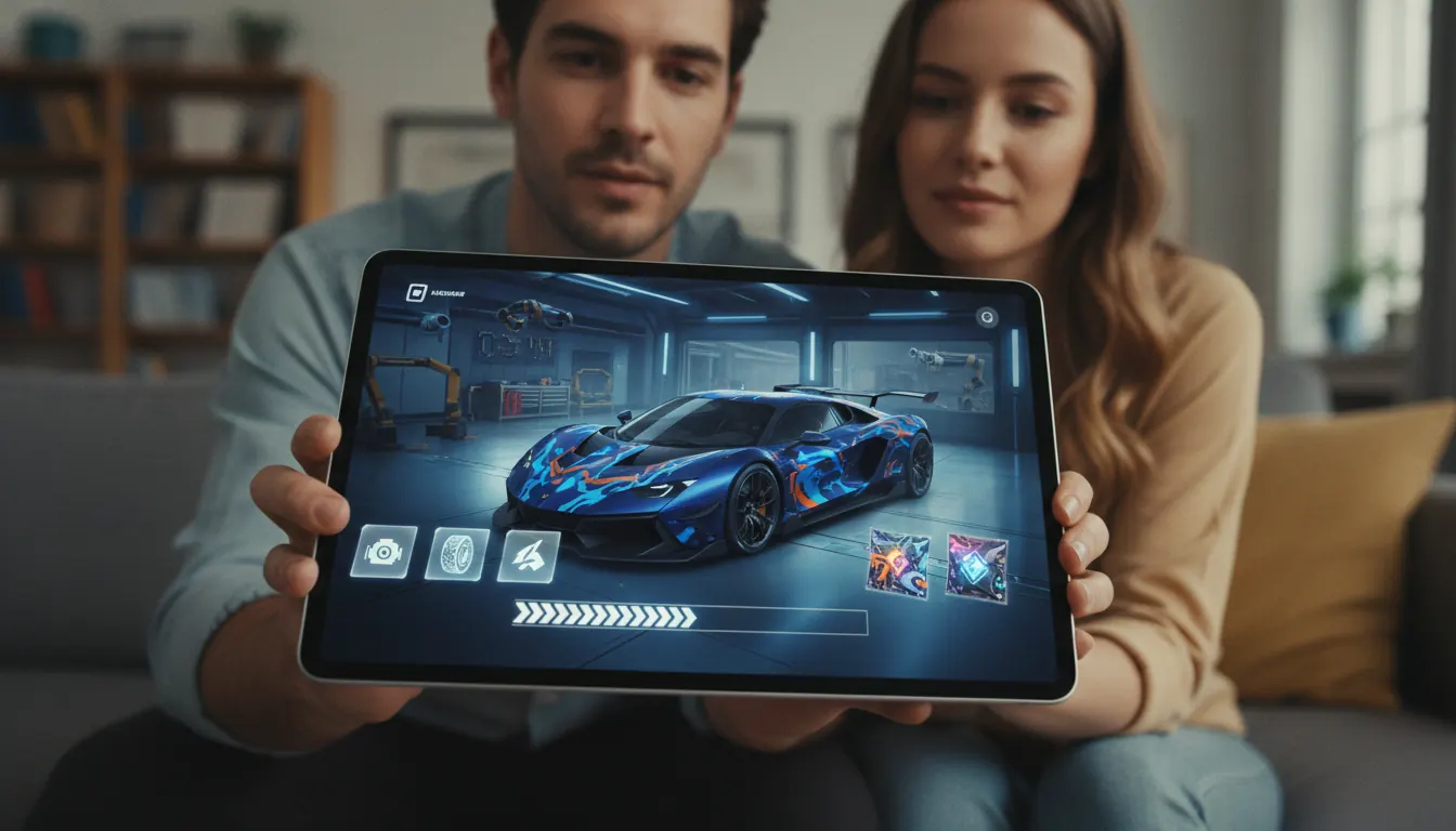 Mobile racing game garage showing upgrade cards, reward packs, and a tuned sports car