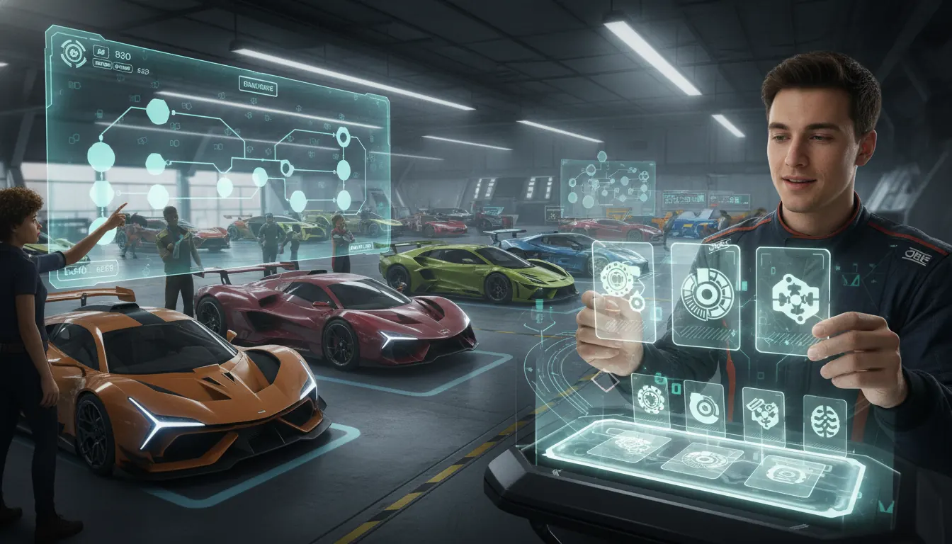 Mobile racing game garage with upgrade cards, rewards, and vehicle progression