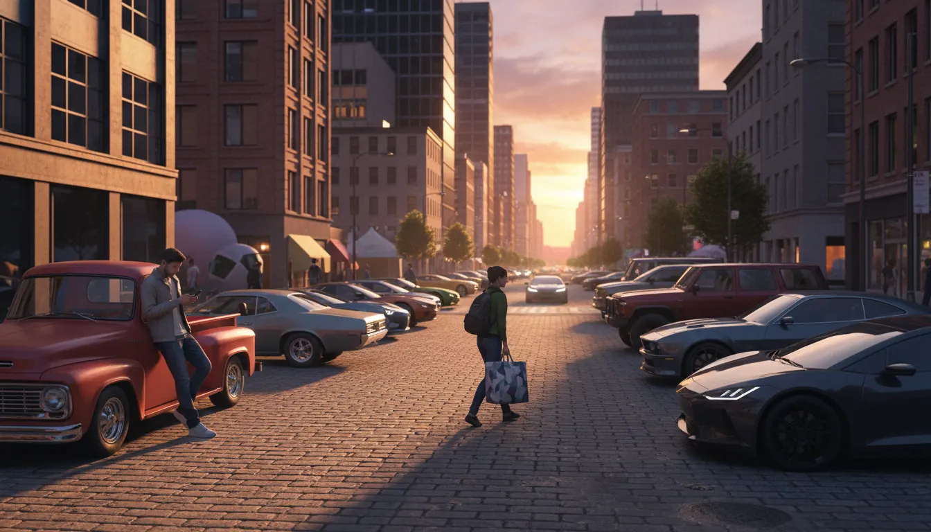 Open world car game with multiple vehicles parked in a city street at sunset