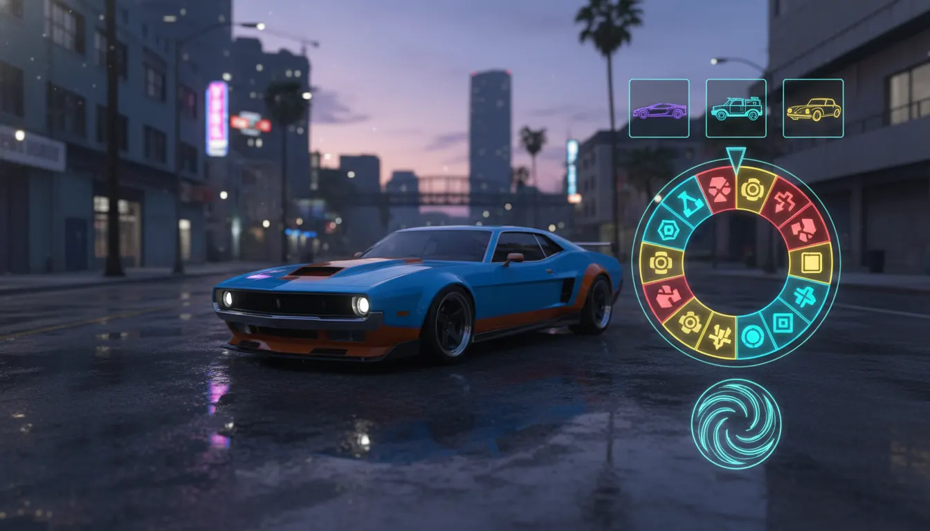 Open world car game scene with city streets, bonus wheel interface, and vehicle reward icons
