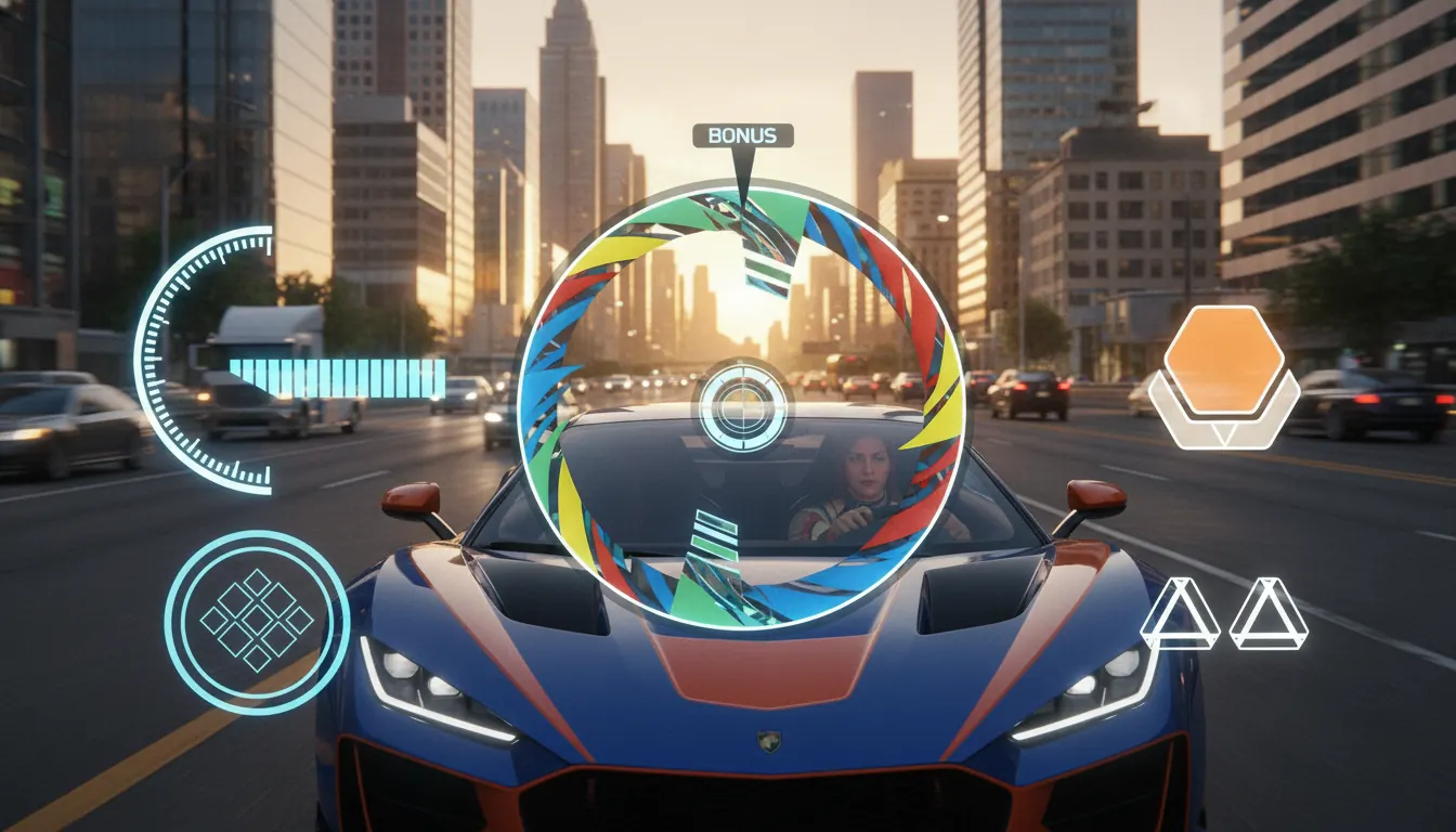 Open world racing game interface with bonus wheel and city driving scene